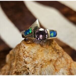 Vintage Amethyst & Opal Inlay 925 Sterling Silver Ring Size 7